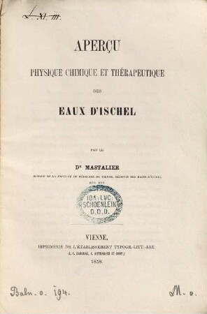 Aperçu physique chimique et thérapeutique des eaux d'Ischel
