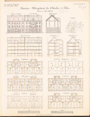 Beamten-, Arbeiter- und Handwerkerwohnhaus, Pillau: Lageplan 1:2000, Ansichten, Grundrisse, Schnitte 1:200
