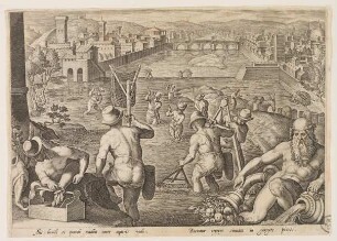 Angeln mit Tauchnetzen am Arno, aus der Reihe von Venationes Ferarum, Avium, Piscium