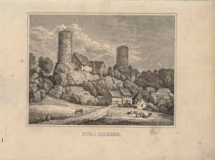 Die Burg (Ruine) Gnandstein südlich von Frohburg (Kohren-Sahlis-Gnandstein), Bauernhaus im Vordergrund, aus Schiffners Beschreibung von Sachsen um 1840