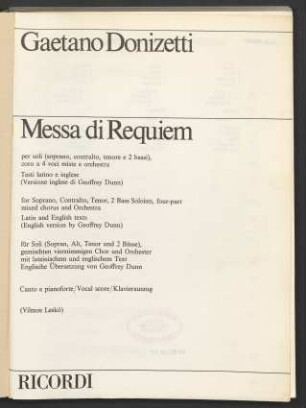 Messa di Requiem : per soli (soprano, contralto, tenore e 2 bassi), coro a 4 voci miste e orchestra