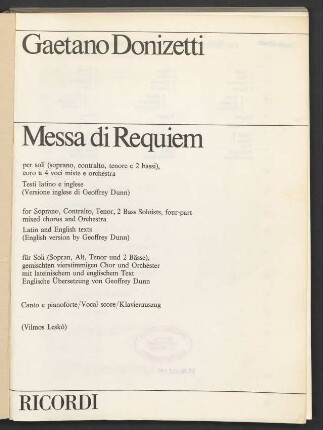 Messa di Requiem : per soli (soprano, contralto, tenore e 2 bassi), coro a 4 voci miste e orchestra