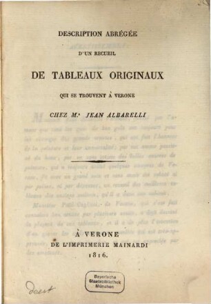 Description abrégée d'un recueil de tableaux originaux qui se trouvent à Verone chez Mr. Jean Albarelli