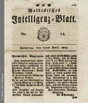 No. 15, Dienstag, den 14ten April 1807