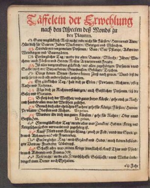 Täffelein der Erwehlung nach den Aspecten deß Monds zu den Planeten.