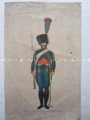 Uniformdarstellung, Gemeiner des Jäger-Regiments zu Pferde der Kaiserlichen Garde, Frankreich, 1806/1810. Tafel 3 aus: Les Gardes Impériales et Royales de l'Armée française.
