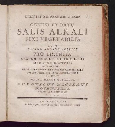 Dissertatio Inauguralis Chemica De Genesi Et Ortu Salis Alkali Fixi Vegetabilis