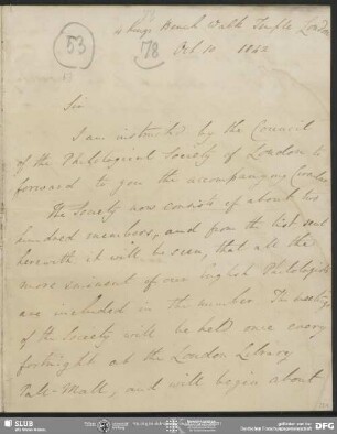 Eigenh. Brief von Edwin Guest an August Wilhelm von Schlegel, London, 10.10.1842