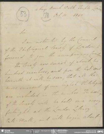 Eigenh. Brief von Edwin Guest an August Wilhelm von Schlegel, London, 10.10.1842