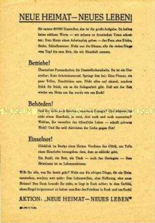 Aufruf an Betriebe, Behörden und Haushalte zur Unterstützung der Umsiedler