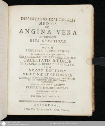 Dissertatio Inauguralis Medica De Angina Vera : Et Imprimis Eius Curatione