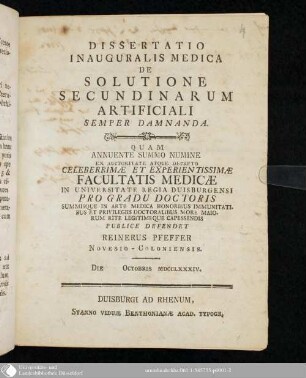Dissertatio Inauguralis Medica De Solutione Secundinarum Artificiali Semper Damnanda