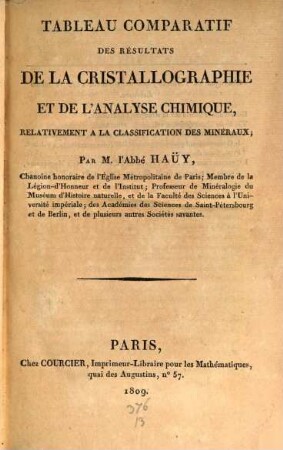 Tableau comparatif des résultats de la cristallographie et de l'analyse chimique, relativement à la classification des minéraux