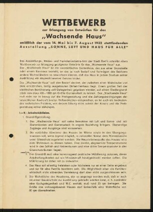 Wettbewerb »Das wachsende Haus« für die Ausstellung »Sonne, Luft und Haus für Alle« 1932 auf dem Messegelände, Berlin-Charlottenburg: Wettbewerbsausschreibung