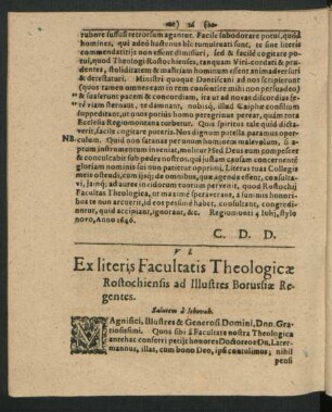 VI. Ex literis Facultatis Theologicae Rostochiensis ad illustres Borussiae Regentes.
