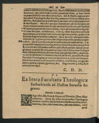 VI. Ex literis Facultatis Theologicae Rostochiensis ad illustres Borussiae Regentes.