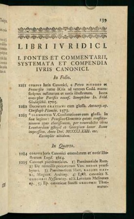 I. Fontes et Commentarii, Systemata et Compendia Iuris Canonici.