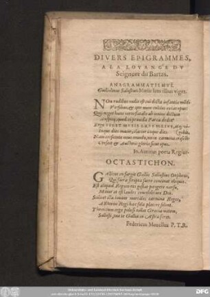 Divers Epigrammes, A La Lovange Du Seigneur du Bartas.