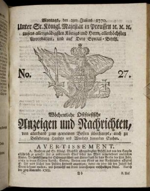 No. 27. Montags, den 2ten Julius 1770.