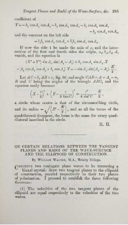 On certain relations between the tangent planes and radii of the wave-surface and the ellipsoid of construction.