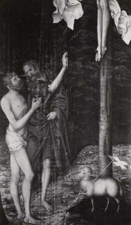 Christus am Kreuz mit Adam und Johannes dem Täufer