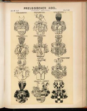 Taf. 146. Stockmanns. - Stockmeyer. - Stojentin. I. - Stojentin. II. - Stoltzenberg. - Storch. - Storren. - Strahl. - Stralendorf. - Strantz. - Strauss u. Torney. - Strempel.