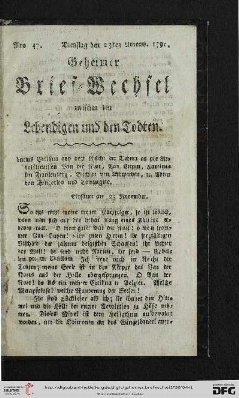 Geheimer Brief-Wechsel zwischen den Lebendigen und den Todten. No. 47