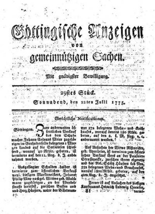 29stes Stück. Sonnabend, den 22ten Julii 1775.