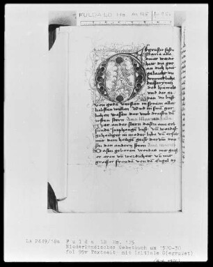 Niederdeutsches Gebetbuch mit teils eingeklebten, teils eingeprägten Kupferstichen — Initiale G (egrußet), Folio 95 verso
