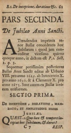 Pars secunda. De jubilæo anni sancti.