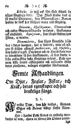 Femte Afhandlingen. Om Djur, Foglar, Fiskar, och Kraek, deras egenskaper och haer brukeliga faenge