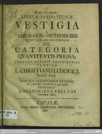 Disput. XXII. Logicae Peripateticae Vestigia A Theologis Orthodoxis Quantum Ad Doctrinam De Categoria Quantitatis Pressa ...
