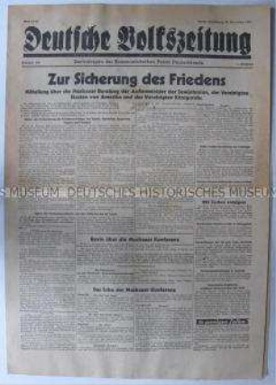 Tageszeitung der KPD "Deutsche Volkszeitung" zur Konferenz der Außenminister der Alliierten in Moskau