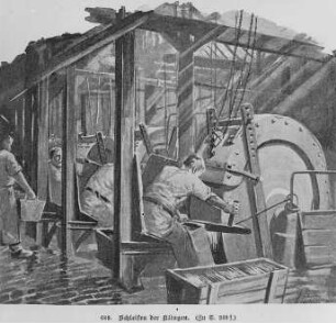 Herstellungsgang der Klingen eines Taschenmessers (Schleifen) : Technikgeschichte | Industrie und Technik | Metall- und Holzbearbeitung