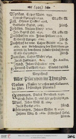 Verzeichnuß aller Pfarreyen im Thurgoew