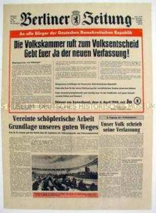 Tageszeitung "Berliner Zeitung" mit dem Aufruf zur Volksabstimmung über die neue Verfassung der DDR