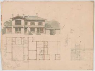 Thiersch, August ; München - Nymphenburg; Kleines Wohnhaus mit Atelier - Grundriss, Ansicht, Schnitt