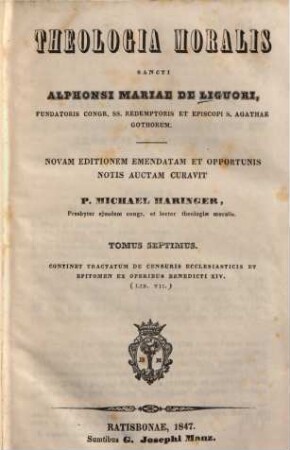 Theologia moralis Sancti Alphonsi Maria de Liguori, 7. Tractatus de censuris ecclesiasticis et epitomen ex operibus Benedicti XIV (Lib. VII)