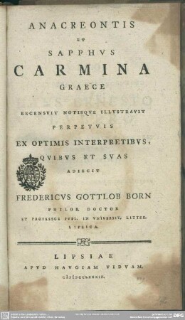 Anacreontis Et Sapphus Carmina Graece