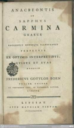 Anacreontis Et Sapphus Carmina Graece