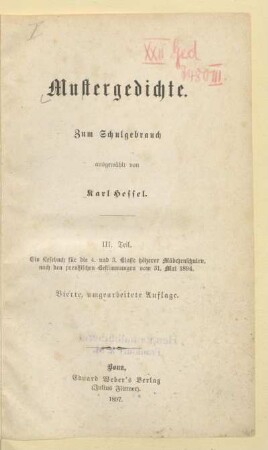 Teil 3, [Schülerband]: Ein Lesebuch für die 4. und 3. Klasse höherer Mädchenschulen : nach den preußischen Bestimmungen vom 31. Mai 1894