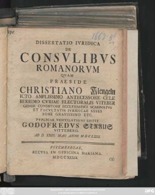 Dissertatio Ivridica De Consvlibvs Romanorvm