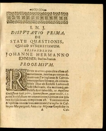Disputatio Prima, De Statu Quaestionis, Quoad Syncretismum ...