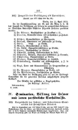 Verzeichniß der Lehrer- und Lehrerinnen-Seminarien des Preußischen Staates : [IV. Seminarien, Bildung der Lehrer und deren persönliche Verhältnisse]