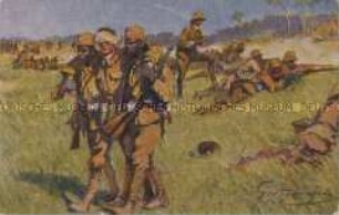 Afrikanische Soldaten führen einen Verwundeten vom Schlachtfeld