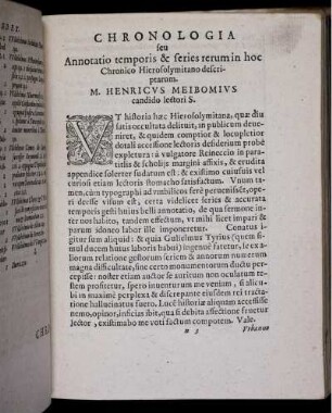 Chronologia seu Annotatio temporis & series rerum in hoc Chronico Hierosolymitano descriptarum. M. Henricus Meibomius candido lectori S.