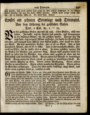 Epistel am zehnten Sonntage nach Trinitatis. Von dem Ursprung der geistlichen Gaben. Text, 1 Cor. 12, 1-12.