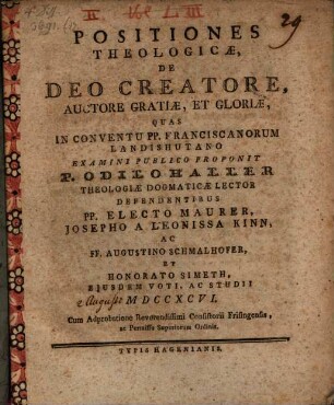 Positiones theologicae de Deo creatore, auctore gratiae, et gloriae
