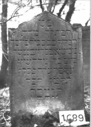 Grabstein 1089 (Index: 99899740) Material: Sandstein Zustand: stellenweise leicht angewittert Maße HxBxT: 96x59x9 cm Beschreibung: Stele mit eingezogenem Dreiecksabschluss: Grabstein 1089