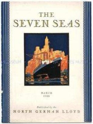 Monatszeitschrift des Norddeutschen Lloyd "The Seven Seas" u.a. mit Fotos des Katapultflugzeugs auf der "Columbus" und Porträtfotos von Transatlantik-Passagieren